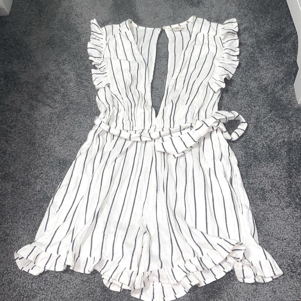 White and navy striped romper